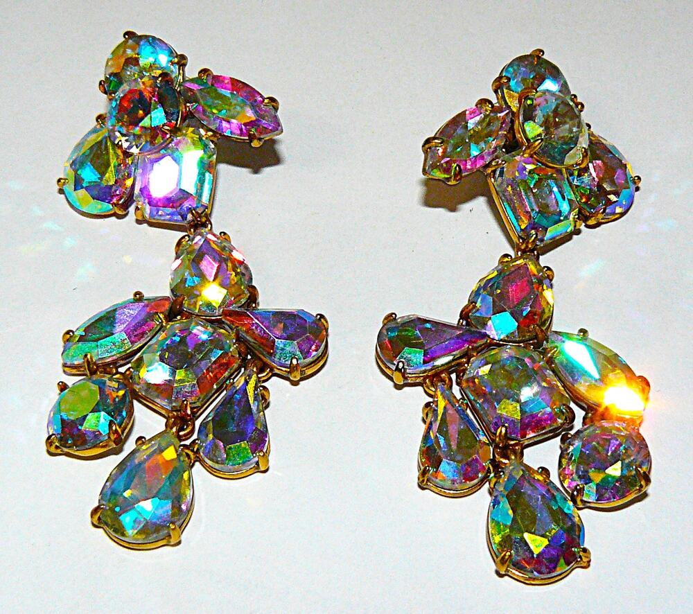 J.Crew Aurora Borealis Crystal Drop Earrings Gold-Tone Statement Jewelry 3"